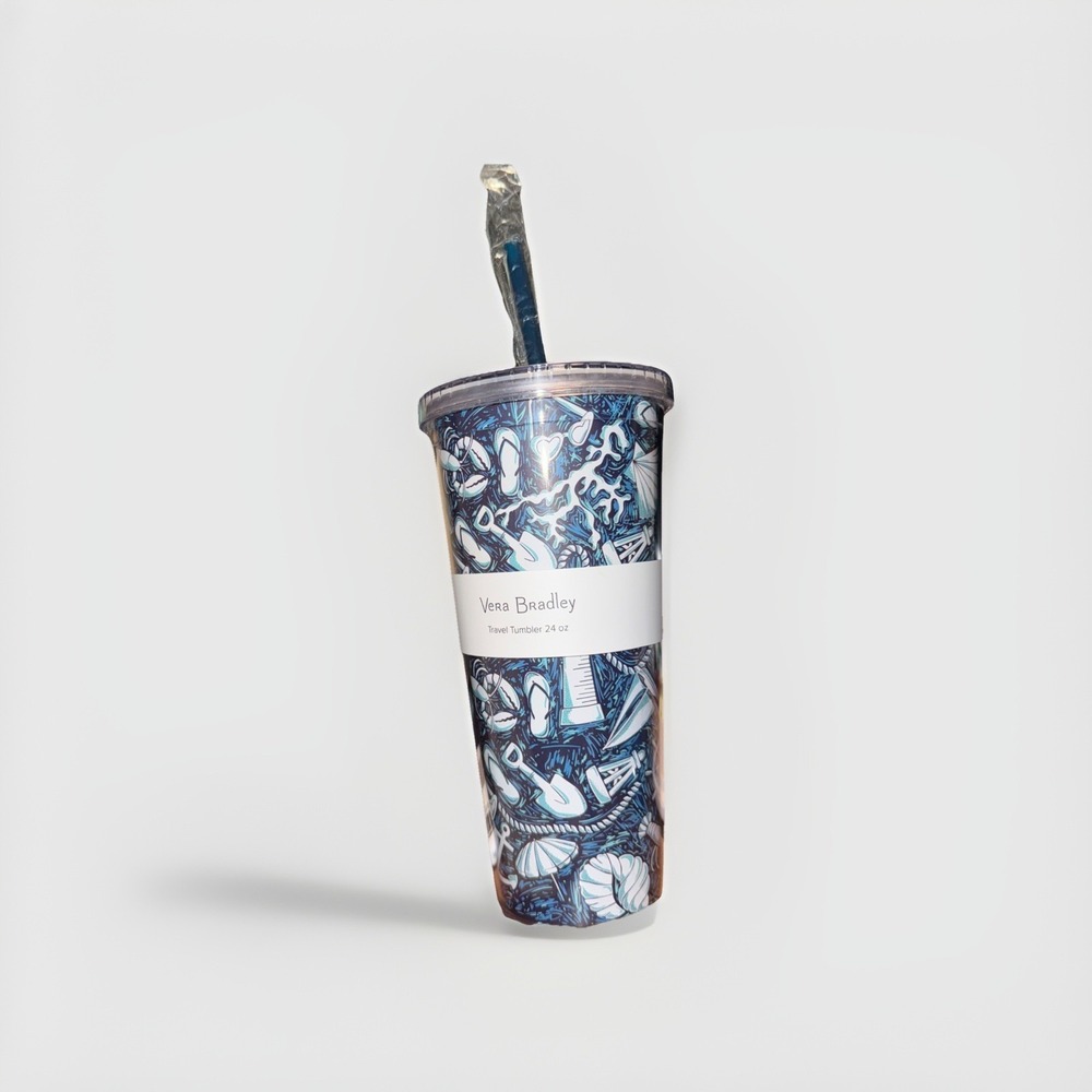 Vera Bradley 24 ounce Travel Tumbler New Double Wall W/ Straw Shore Enough